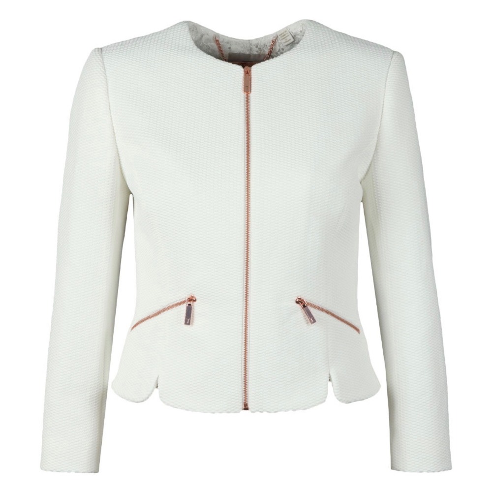 Ted Baker Waffle Knit Jacket Women 5 Blue Rose Gold Zip Collarless Blazer Chic